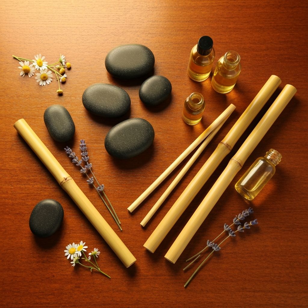 Traditional Chinese massage tools including basalt hot stones, essential oils, bamboo sticks, and aromatic herbs arranged on a wooden surface