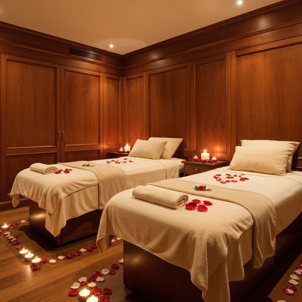 Two side-by-side massage beds with rose petals and candles in a spa room
