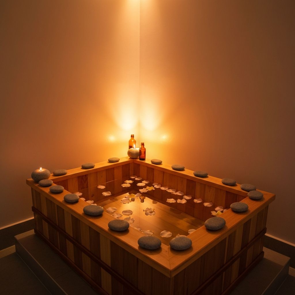 Foot reflexology setup with wooden foot bath, flower petals, and massage stones