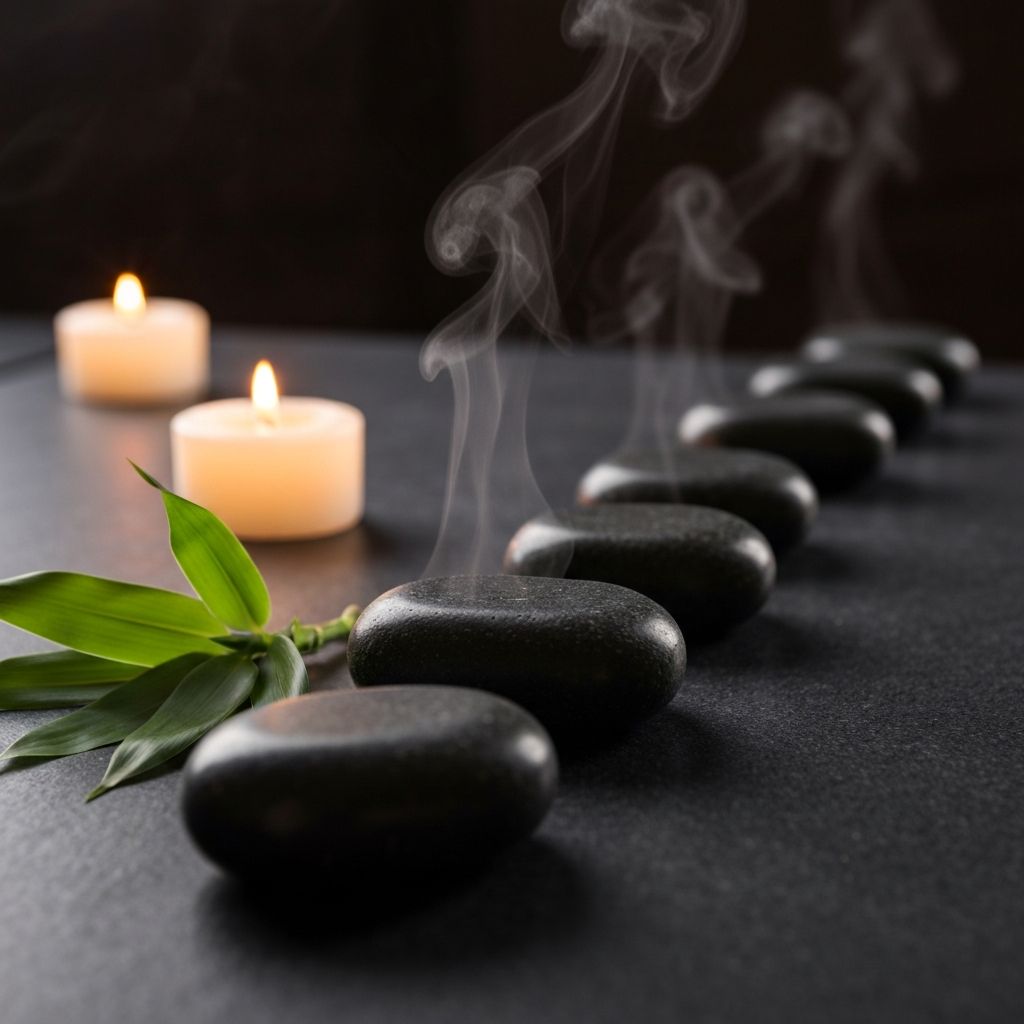 Hot basalt massage stones lined up with steam and candles in a spa setting
