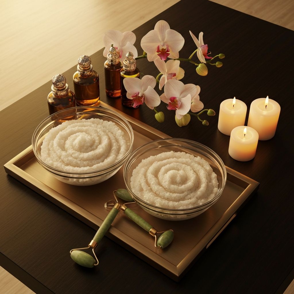 Ayurvedic massage treatment setup with essential oils, herbs, and candles